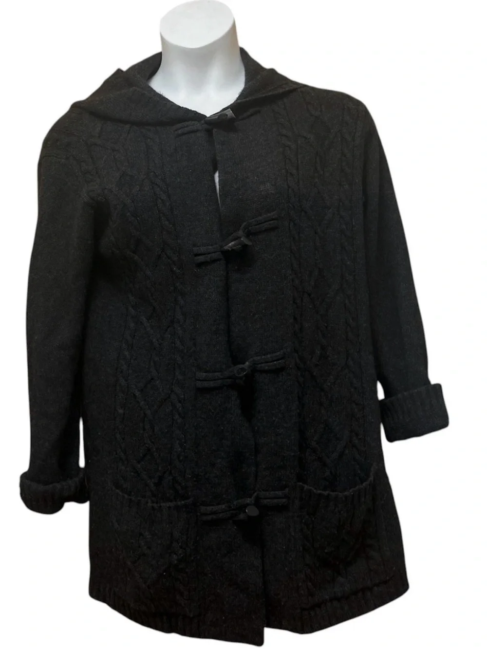 Lauren Ralph Lauren Gray Wool Cashmere Angora Cable Knit Long Toggle Cardigan